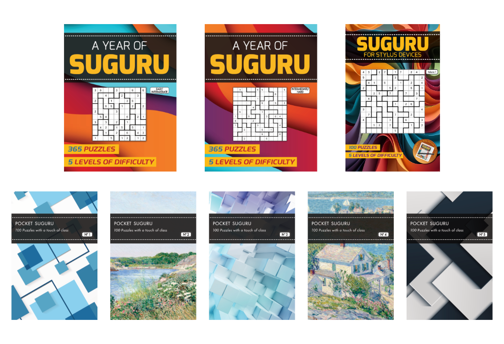 A collection of covers of Suguru books from Puzzle Genius