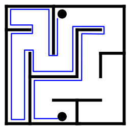 A very simple single line maze with a hand-on-wall line overlaid.