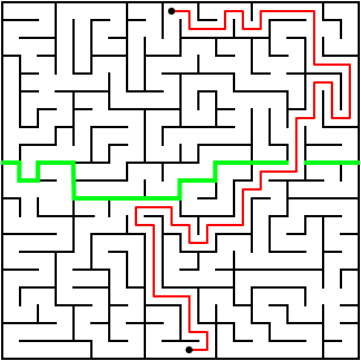 The same maze with the single hole for the path highlighted.