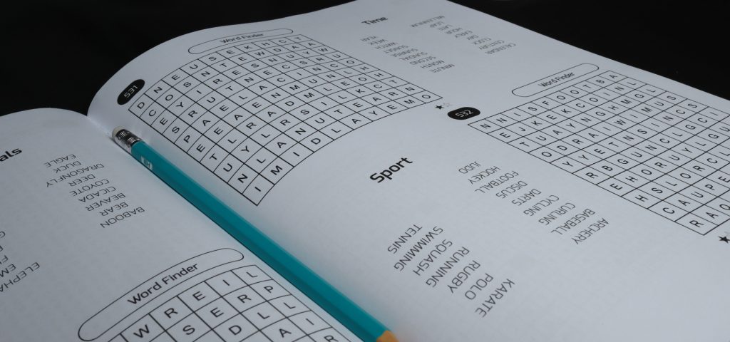 Word finder puzzles inside the book