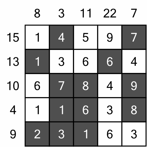 The solution to the example Number Cross puzzle.