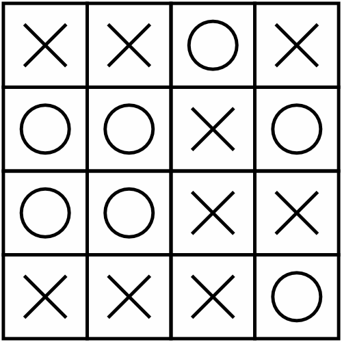 The solution to the example No Four in a Row puzzle