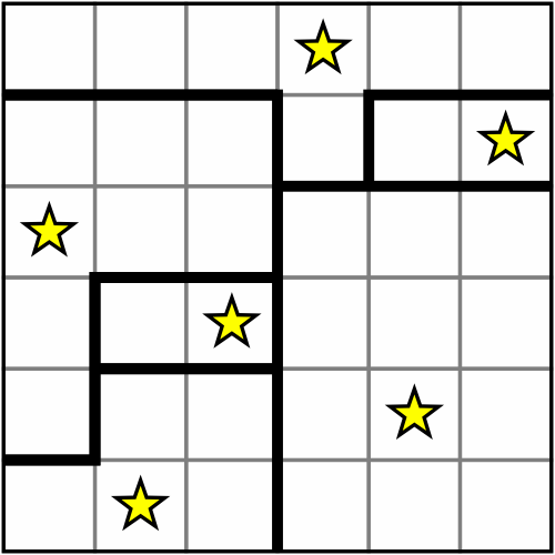 The solution to the example star battle grid.
