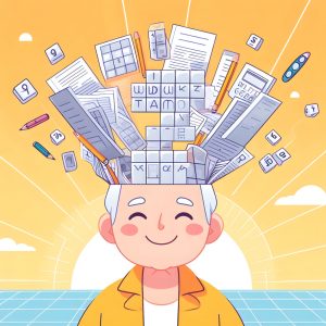 Image of an older person filling their head with puzzles.