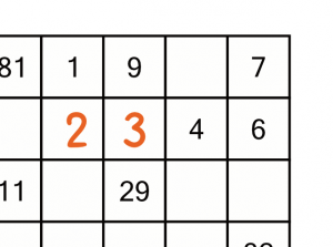 Hidato puzzle, worked example - potential placement of two numbers