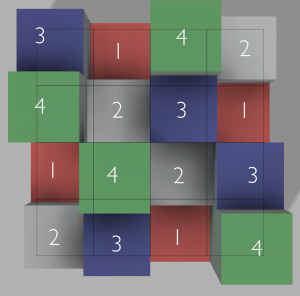 An overhead view of the example puzzle in three dimensions.