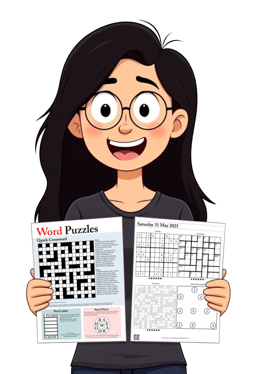 Dora holding sample pages from Puzzle Weekly